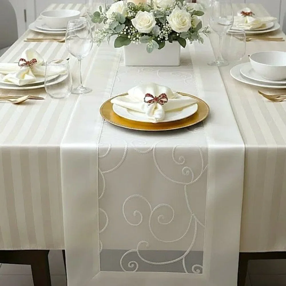Ivory Tablecloth, 8 Napkins and Runner, Polyester Damask